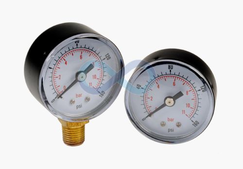 Pressure Gauge 0/160 PSI & 0/11 Bar 40mm Dial 1/8 BSPT Bottom connection. 